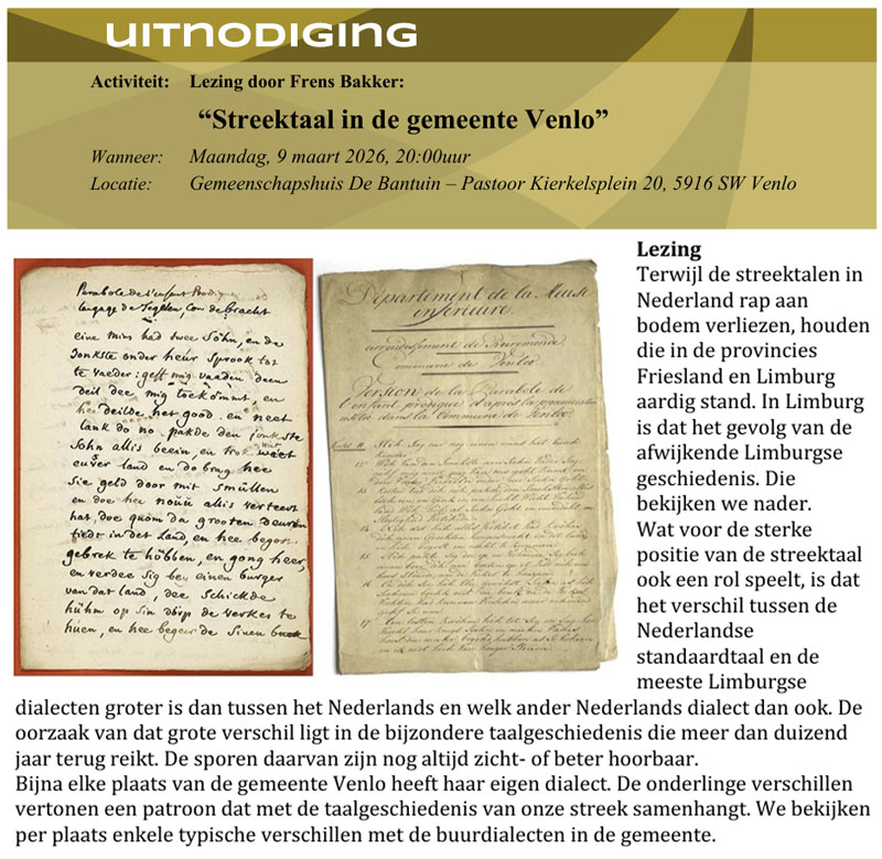9 maart Lezing LGOG - Streektaal in de gemeente Venlo