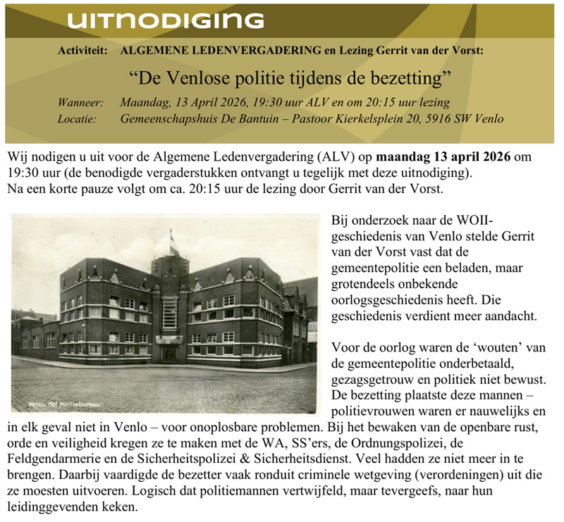Lezing door Gerrit van der Vorst: De Venlose politie tijdens de bezetting